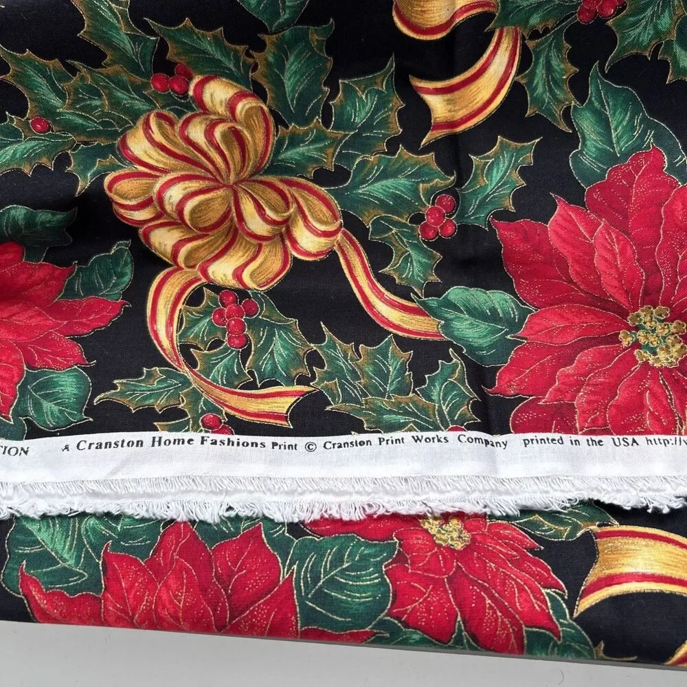 Cranston Home Christmas Holly Holiday Poinsettia Bows Floral Print Cotton Fabric